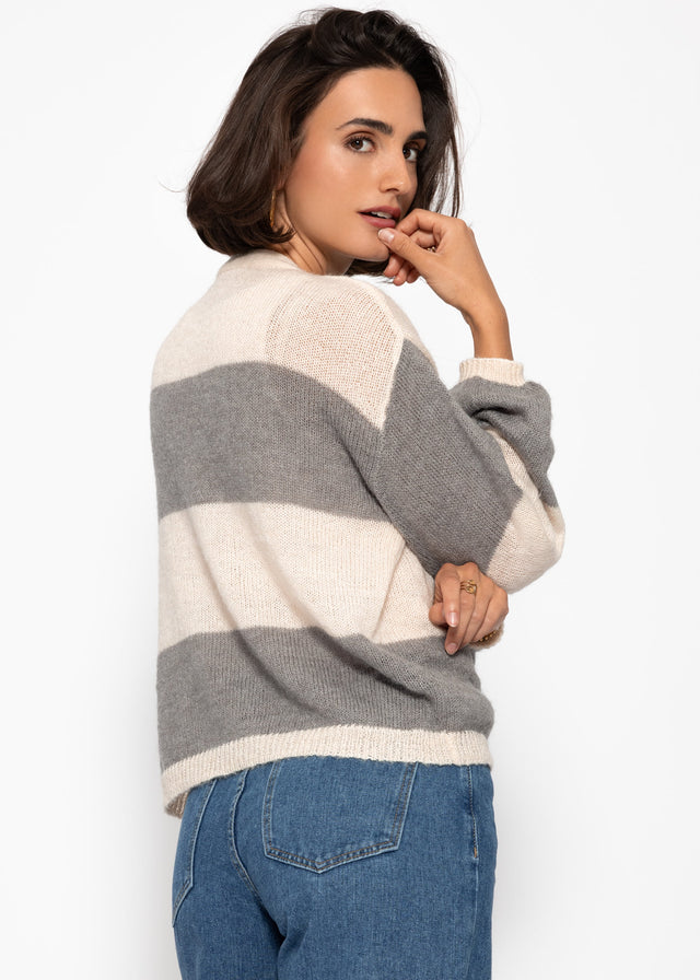 Striped fine knit cardigan with V-neck - grey-light beige