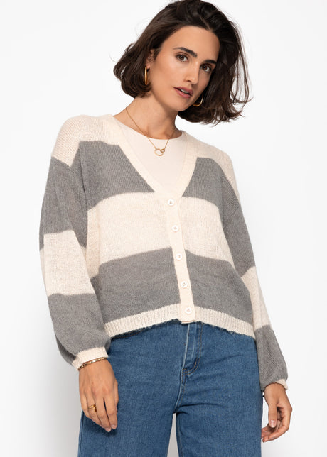 Striped fine knit cardigan with V-neck - grey-light beige