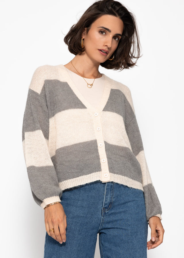 Striped fine knit cardigan with V-neck - grey-light beige
