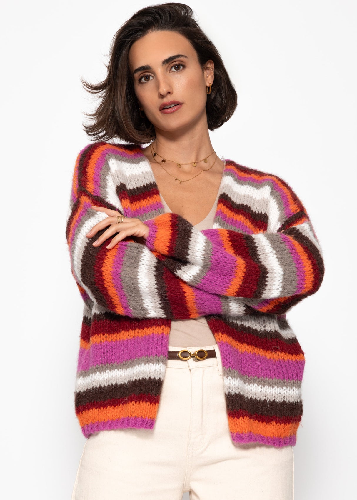 Gestreifter, mehrfarbiger Cardigan - orange