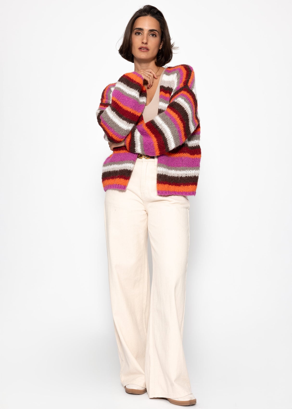 Gestreifter, mehrfarbiger Cardigan - orange