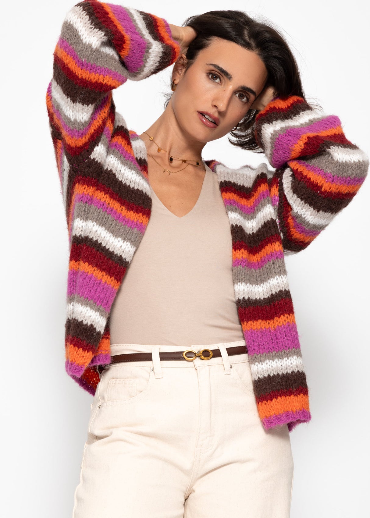Gestreifter, mehrfarbiger Cardigan - orange