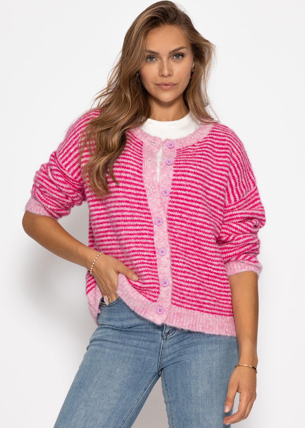 Gestreifter Cardigan - pink