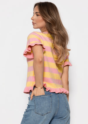 Gestreifter Kurzarm-Shirt mit Volants - rosa-buttergelb
