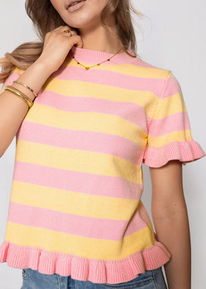 Gestreifter Kurzarm-Shirt mit Volants - rosa-buttergelb