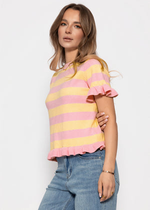 Gestreifter Kurzarm-Shirt mit Volants - rosa-buttergelb