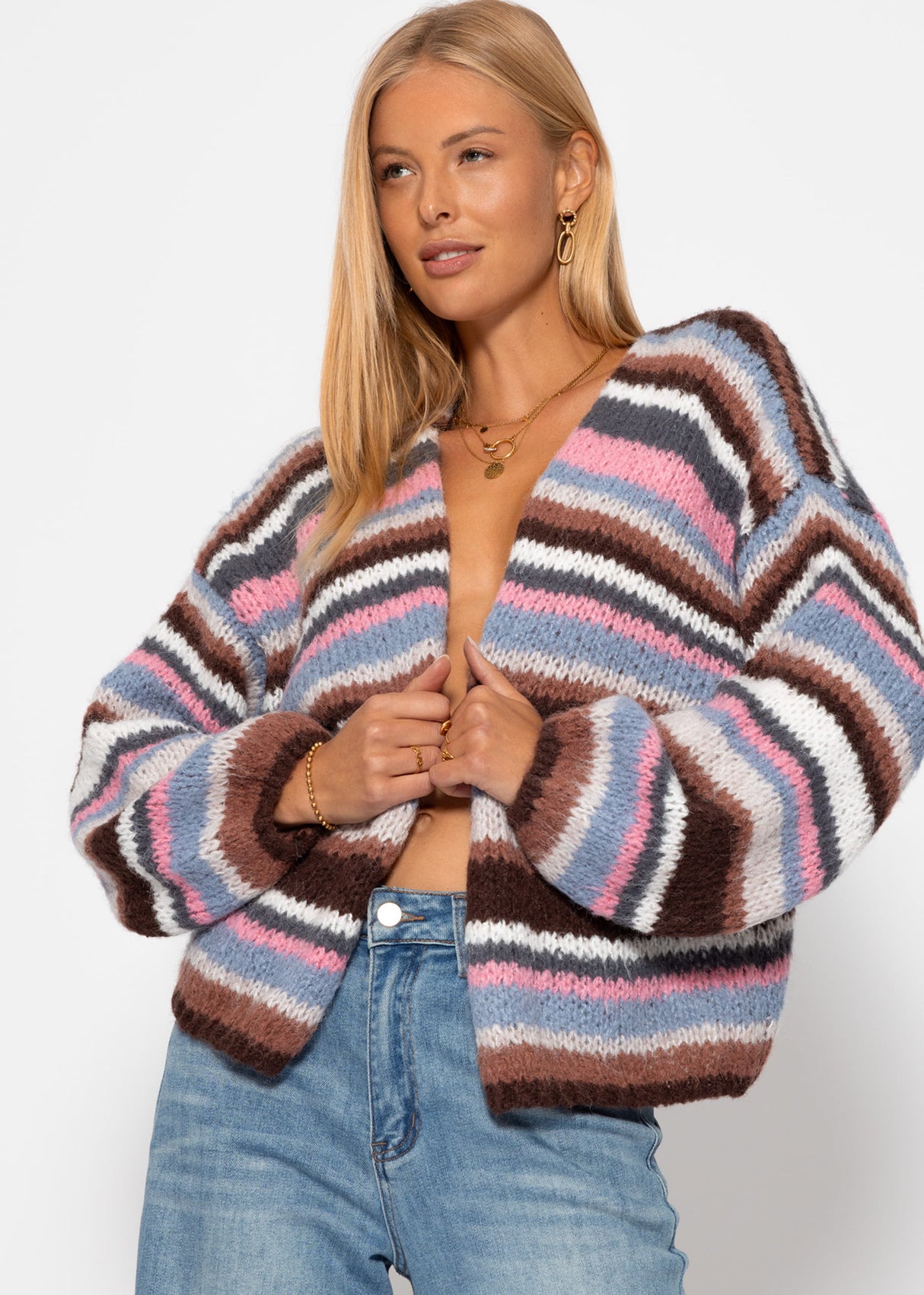 Gestreifter, mehrfarbiger Cardigan - braun