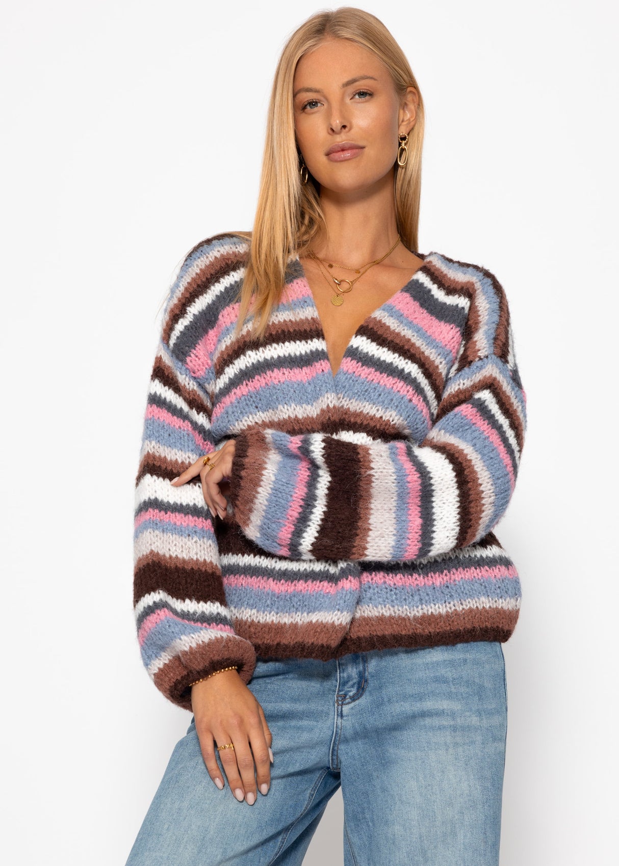 Gestreifter, mehrfarbiger Cardigan - braun