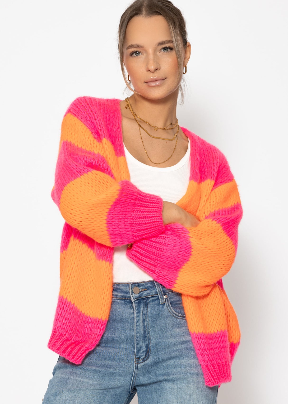Striped oversize cardigan - pink orange