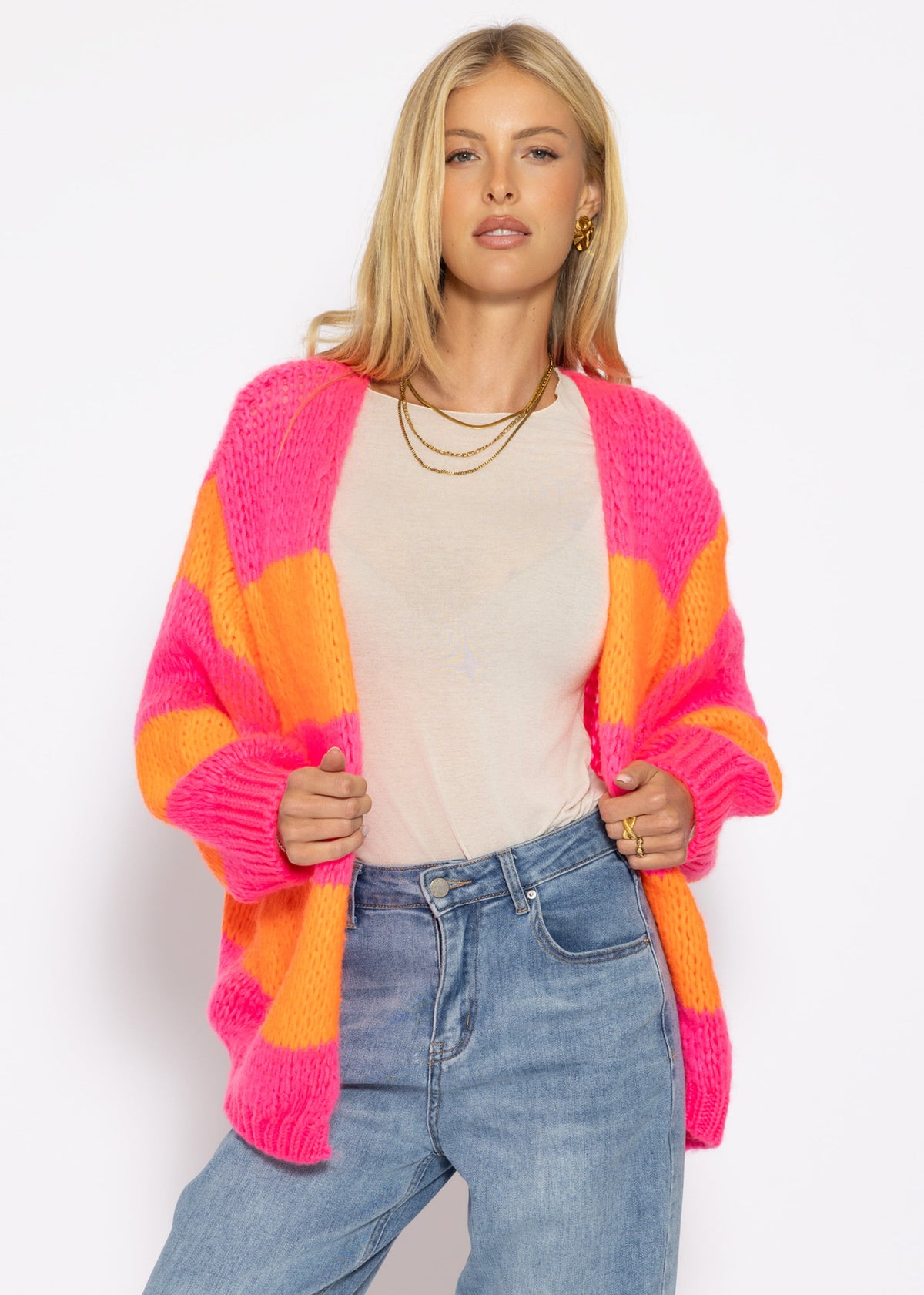 Gestreifter oversize Cardigan - pink-orange