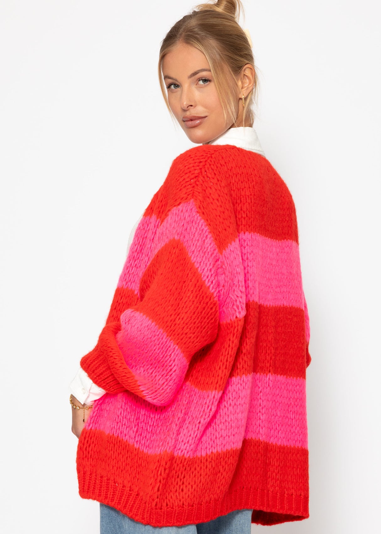 Gestreifter oversize Cardigan - rot-pink