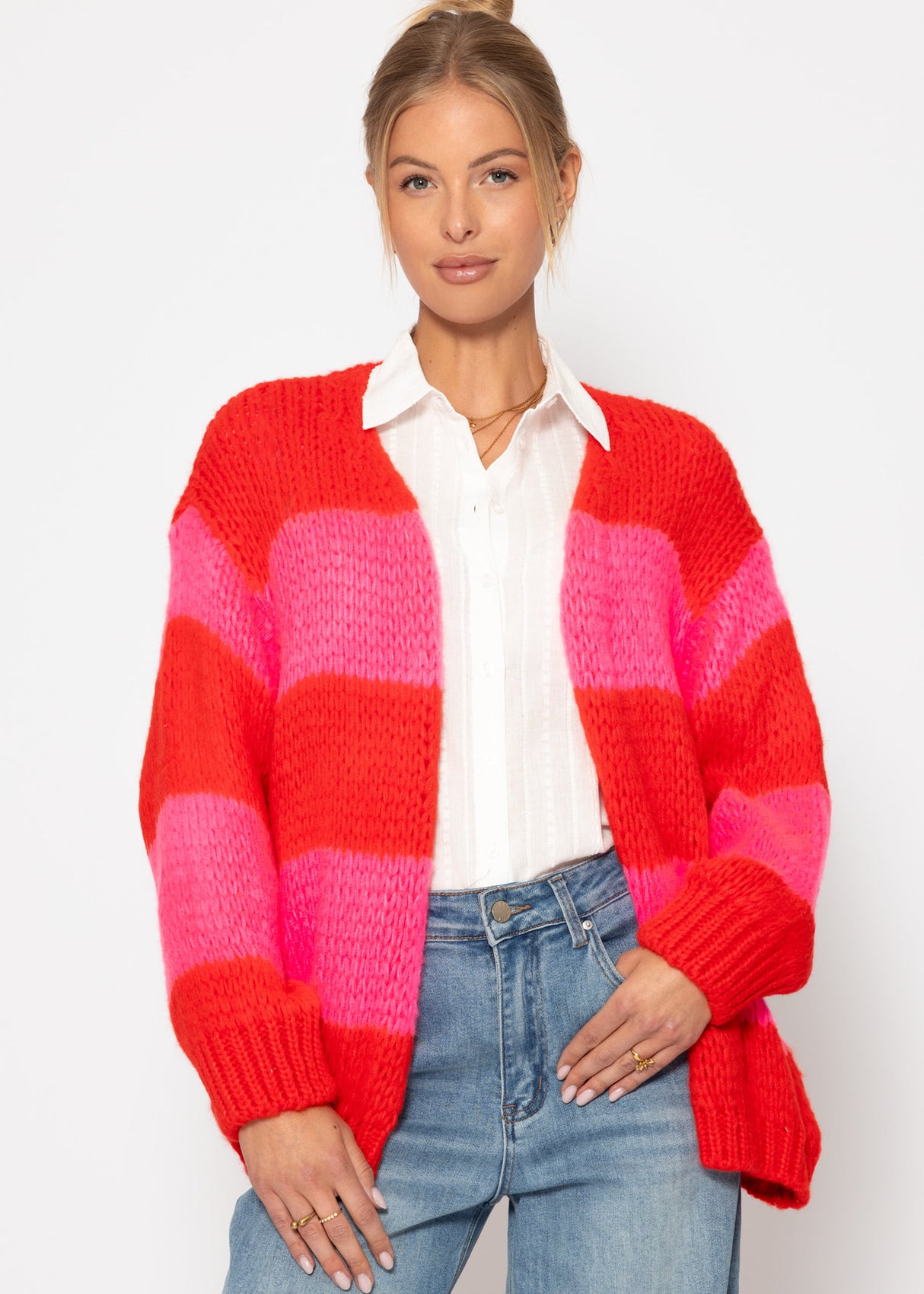 Gestreifter oversize Cardigan - rot-pink