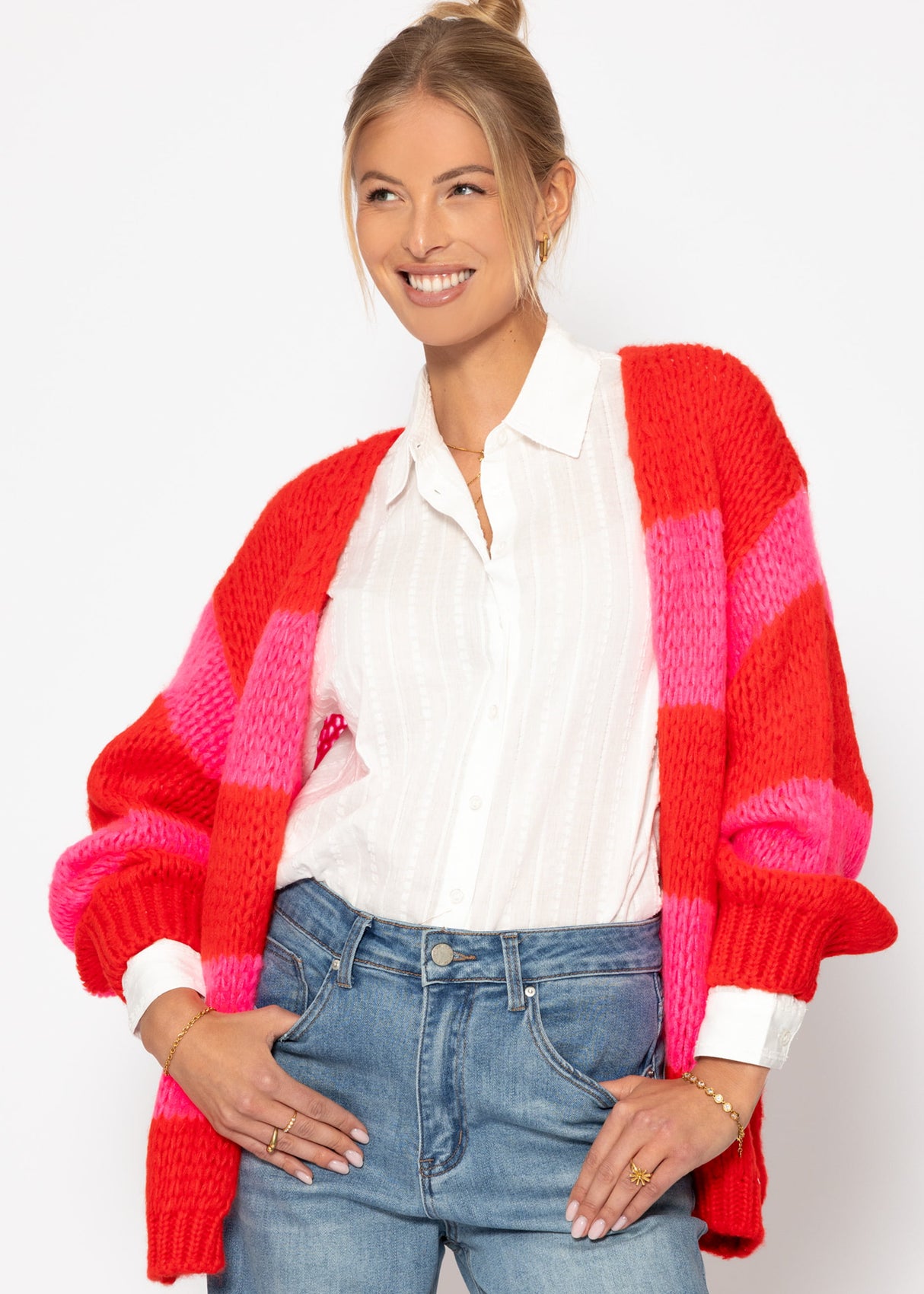 Gestreifter oversize Cardigan - rot-pink