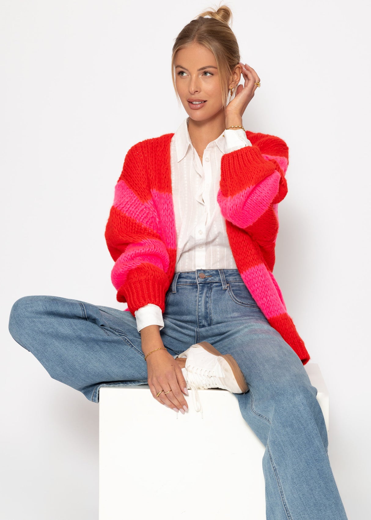 Gestreifter oversize Cardigan - rot-pink