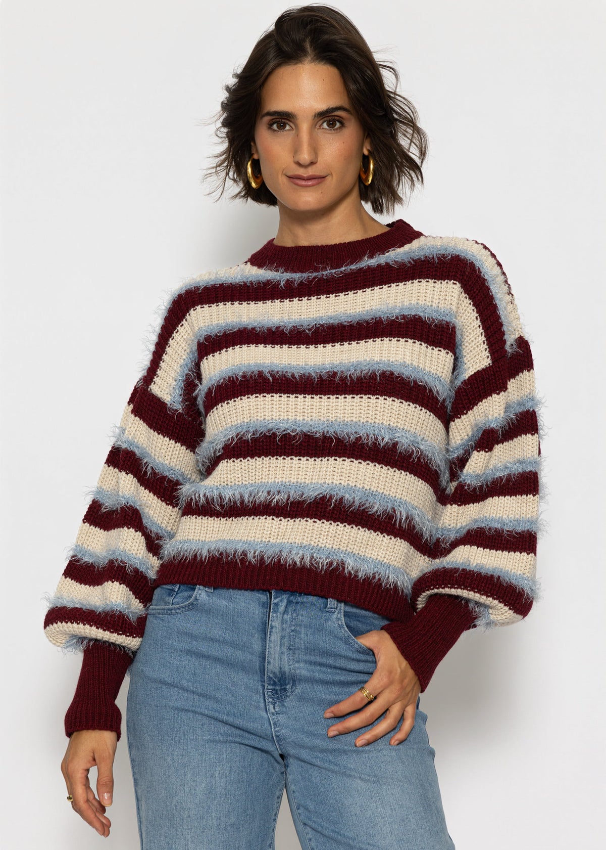 Gestreifter Oversize Pullover - burgundy-beige