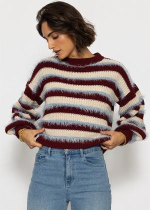 Gestreifter Oversize Pullover - burgundy-beige