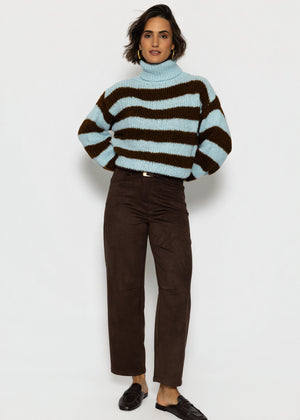 Gestreifter oversize Rollkragenpullover - hellblau-braun