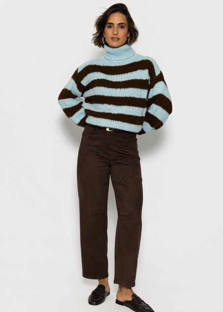 Gestreifter oversize Rollkragenpullover - hellblau-braun