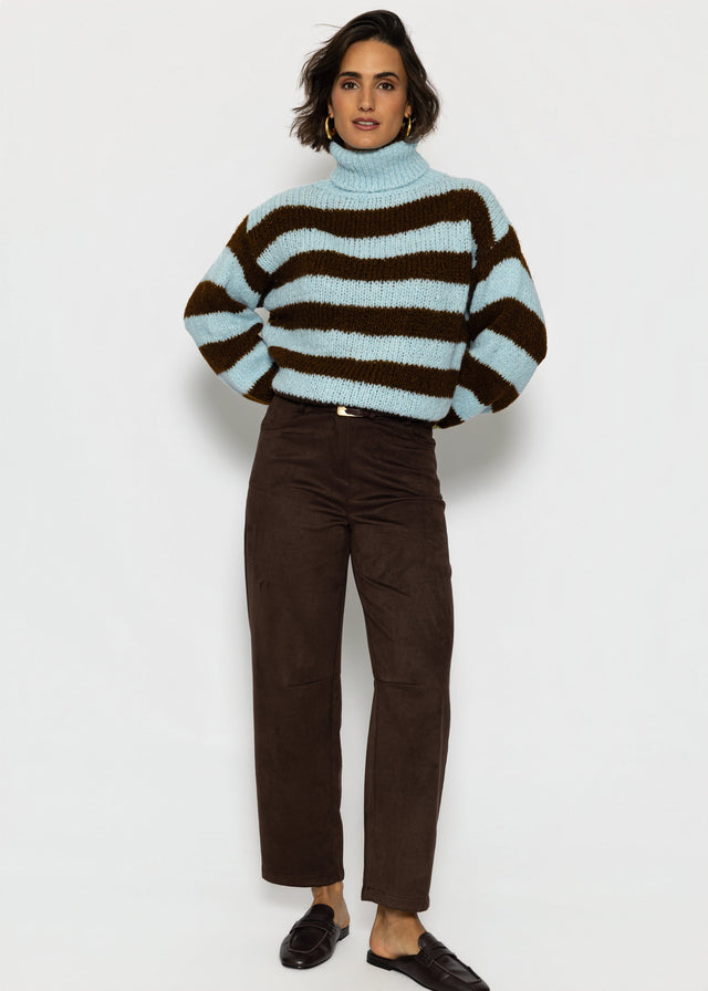 Gestreifter oversize Rollkragenpullover - hellblau-braun