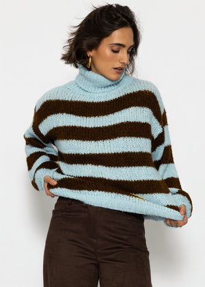 Gestreifter oversize Rollkragenpullover - hellblau-braun