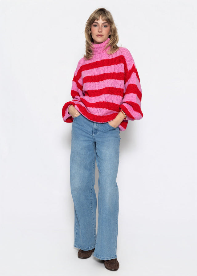Gestreifter oversize Rollkragenpullover - rot-rosa