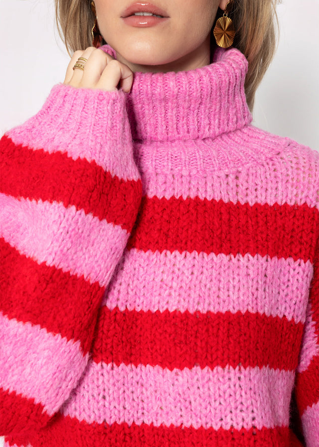 Gestreifter oversize Rollkragenpullover - rot-rosa
