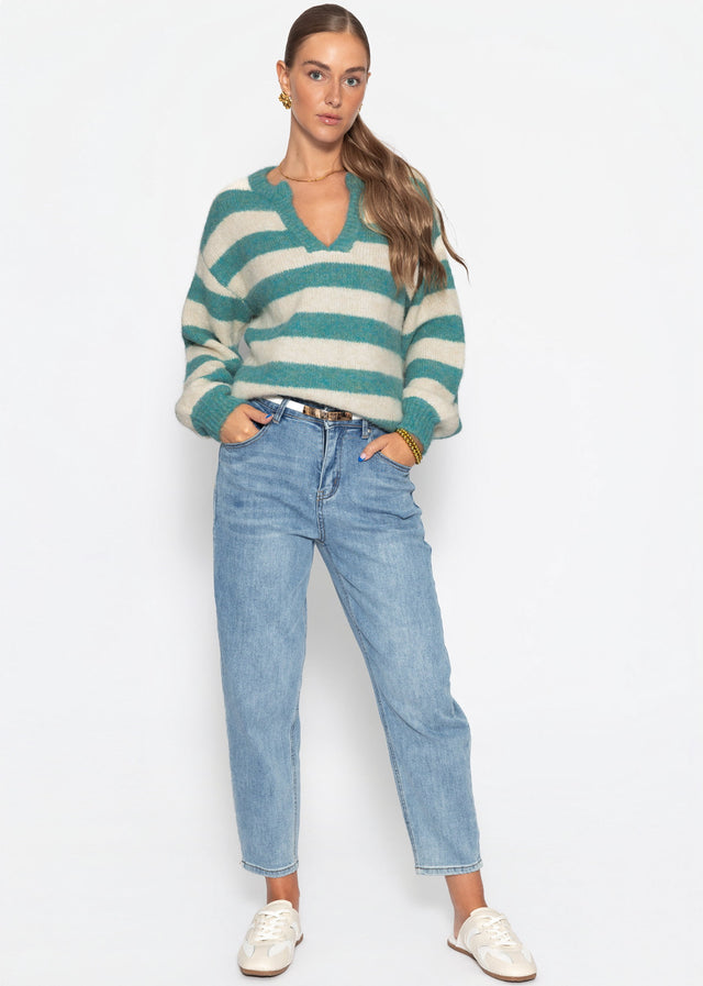 Gestreifter Pullover mit Blende - petrol-offwhite