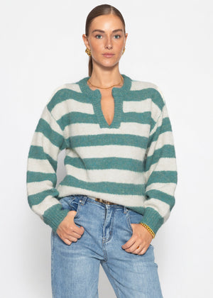 Gestreifter Pullover mit Blende - petrol-offwhite