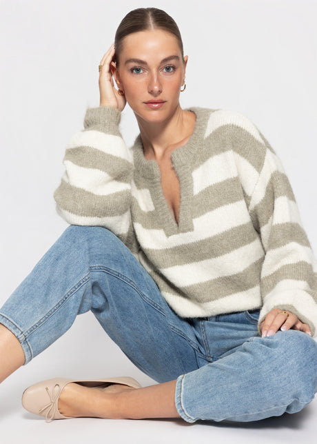 Gestreifter Pullover mit Blende - taupe-offwhite