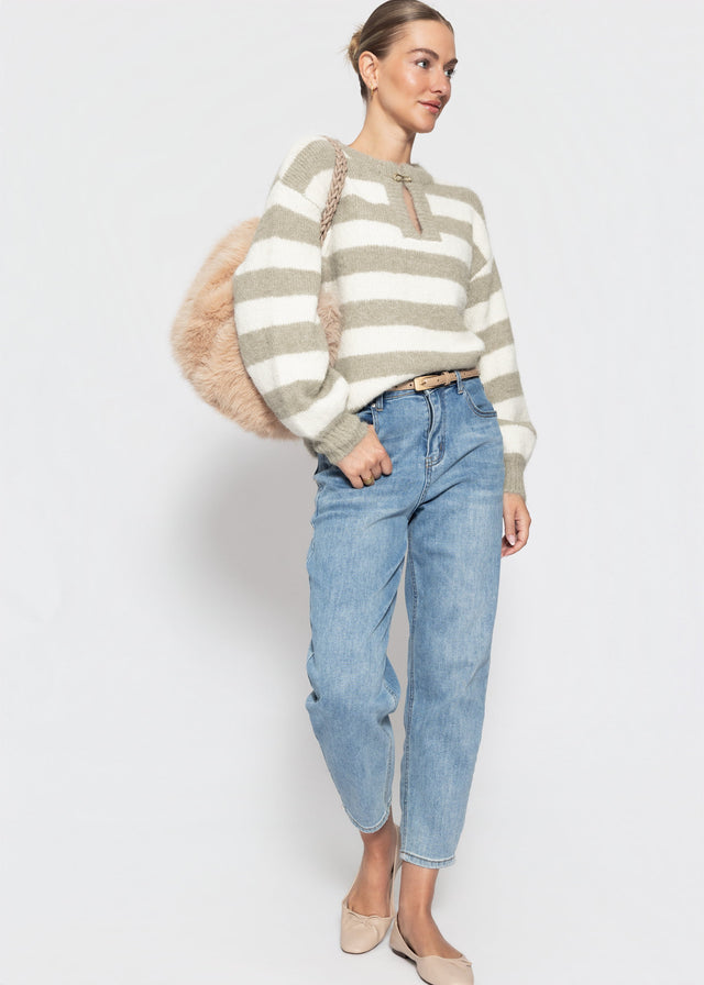 Gestreifter Pullover mit Blende - taupe-offwhite