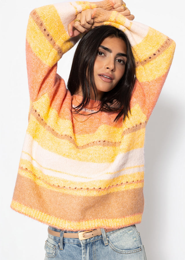 Striped jumper with openwork knit pattern - yellow