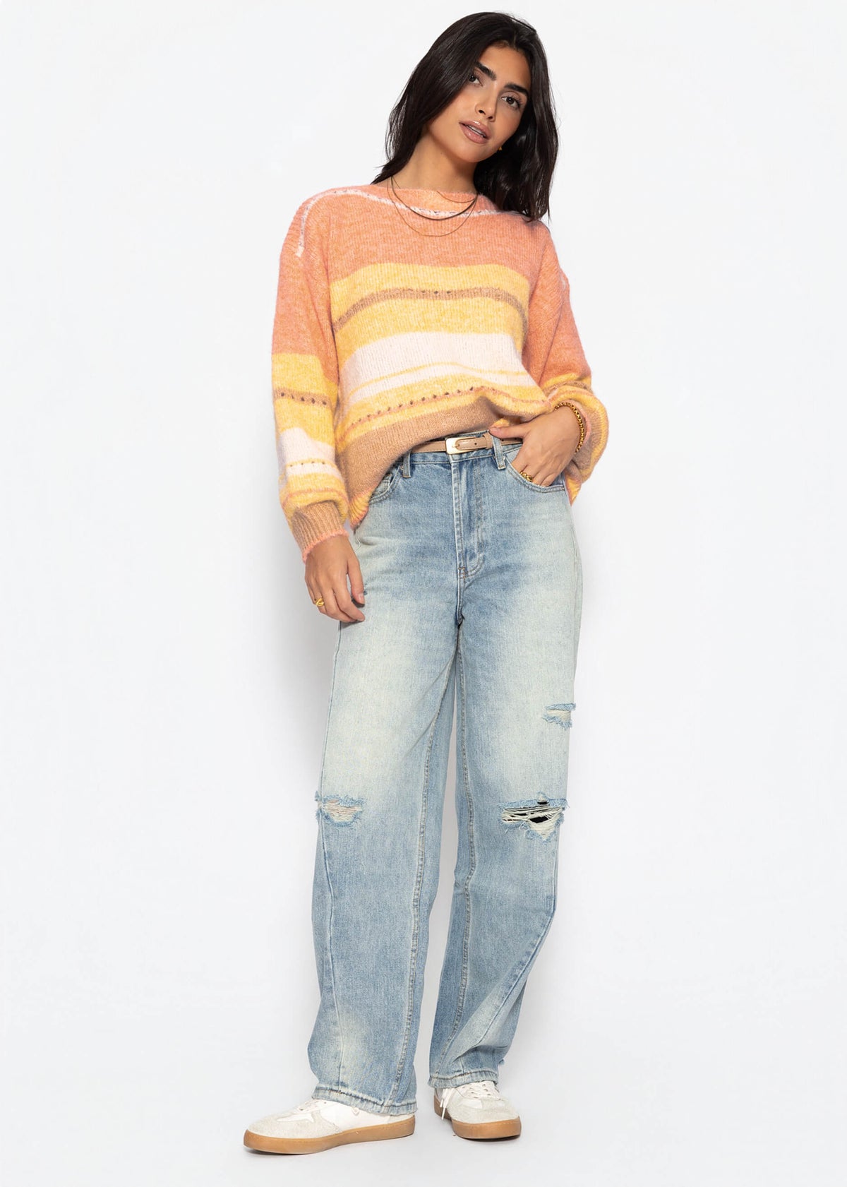 Gestreifter Pullover mit Loch-Strickmuster - gelb