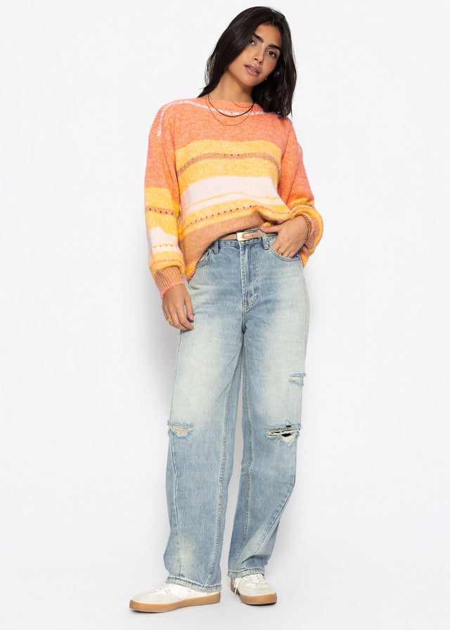 Striped jumper with openwork knit pattern - yellow