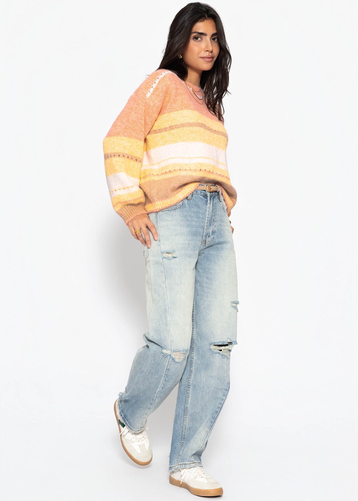 Gestreifter Pullover mit Loch-Strickmuster - gelb