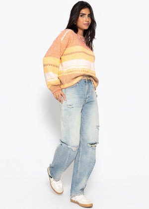 Gestreifter Pullover mit Loch-Strickmuster - gelb