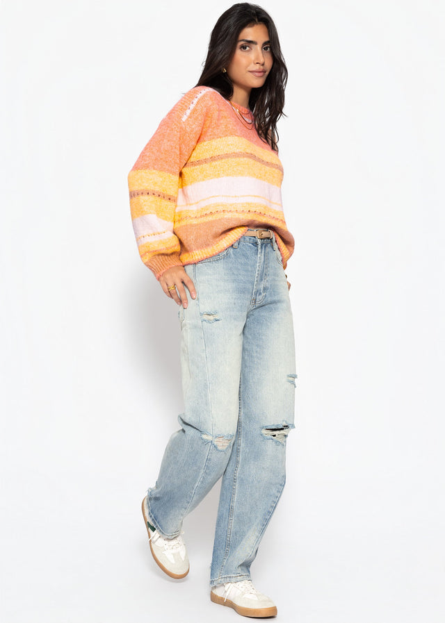 Striped jumper with openwork knit pattern - yellow