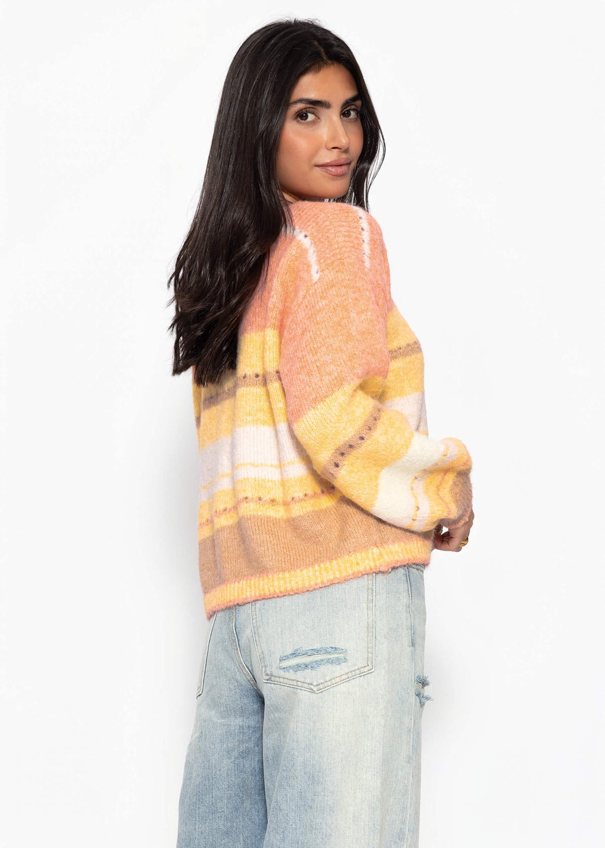 Gestreifter Pullover mit Loch-Strickmuster - gelb