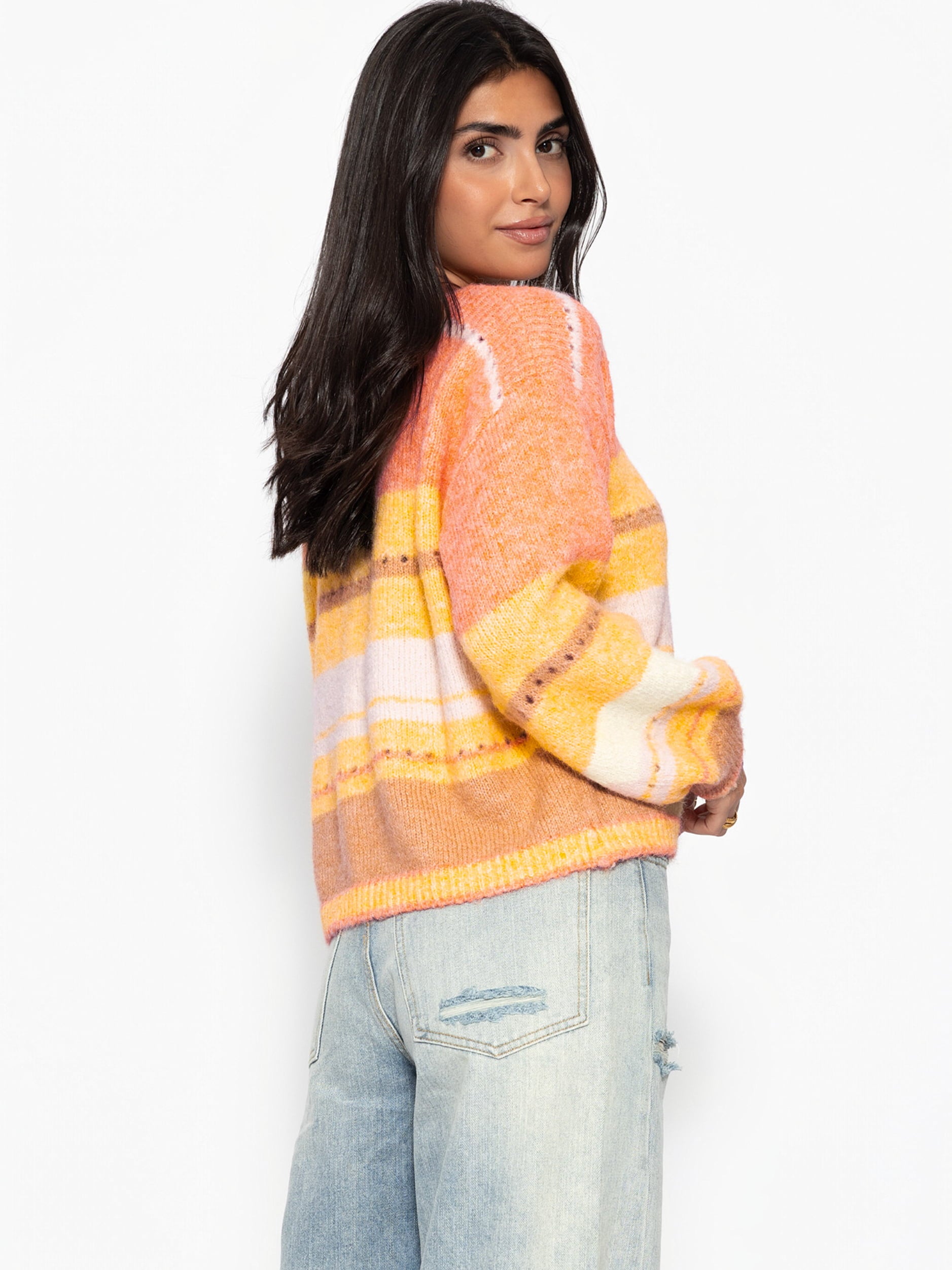 Striped jumper with openwork knit pattern - yellow