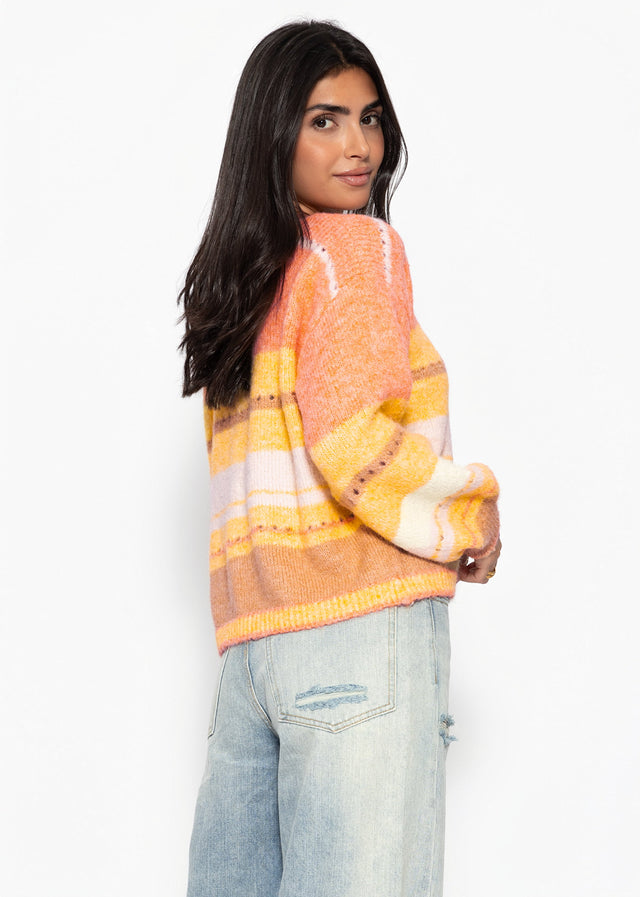 Striped jumper with openwork knit pattern - yellow