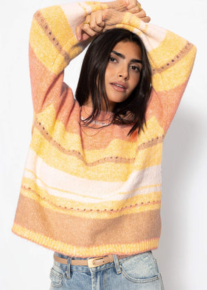 Gestreifter Pullover mit Loch-Strickmuster - gelb