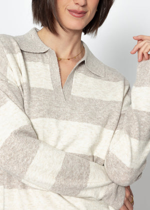 Striped polo-collar sweater - beige-taupe