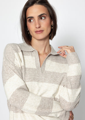 Striped polo-collar sweater - beige-taupe