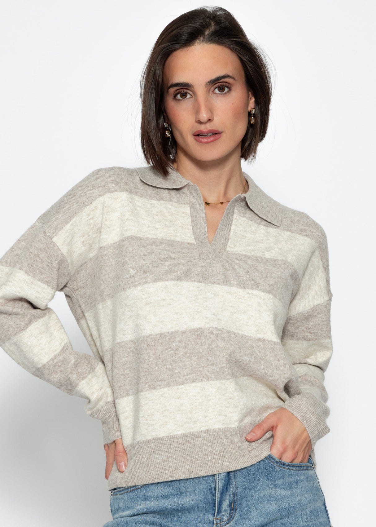 Striped polo-collar sweater - beige-taupe