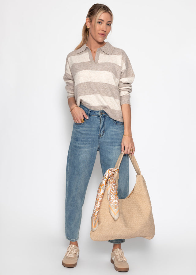 Striped jumper with polo collar - beige-taupe