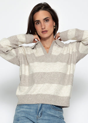 Striped polo-collar sweater - beige-taupe