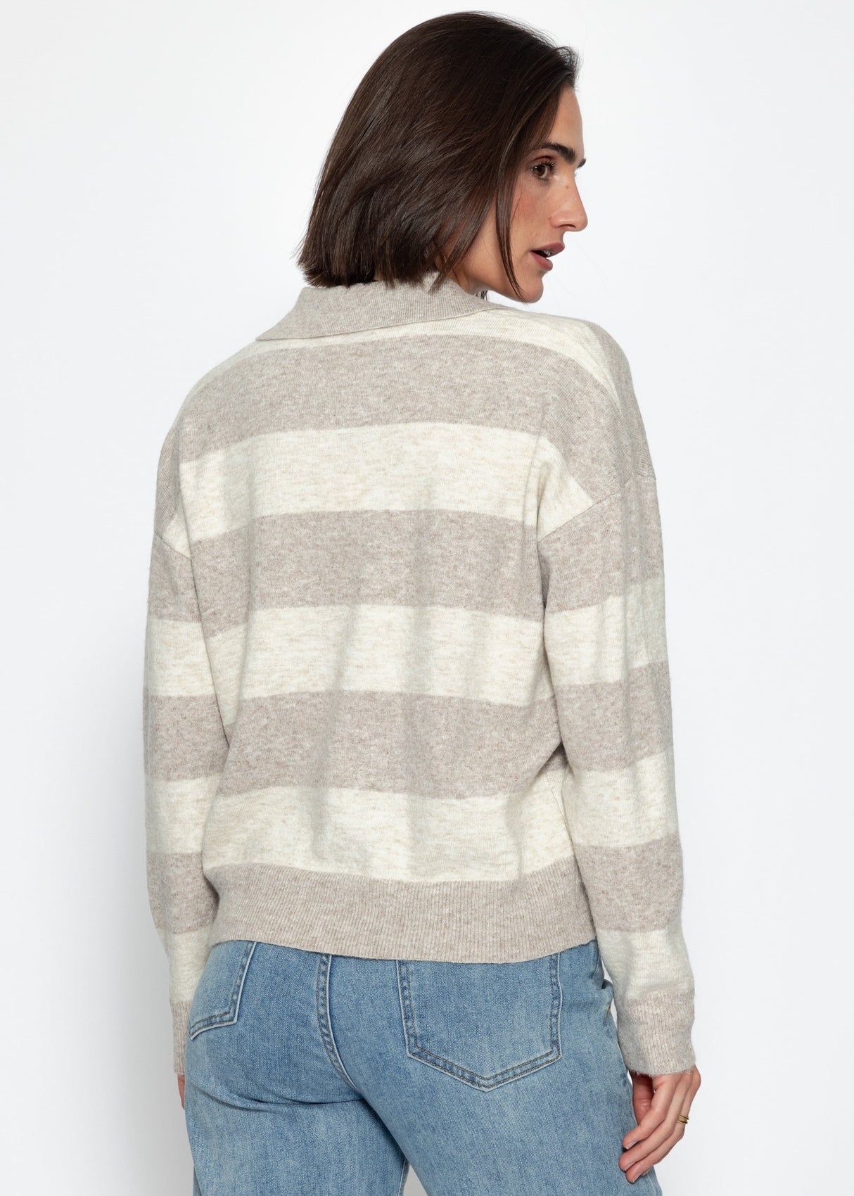 Striped polo-collar sweater - beige-taupe