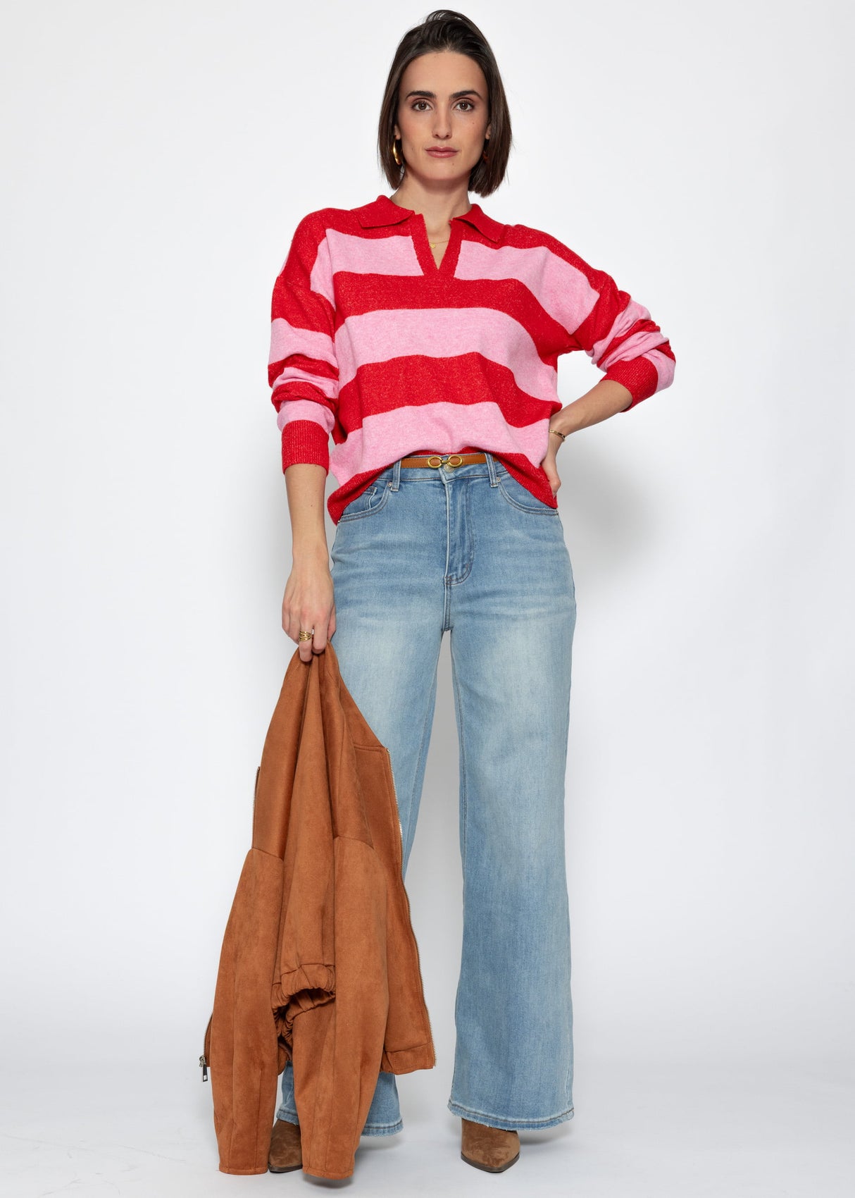 Striped polo-collar sweater - pink-red