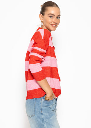 Gestreifter Pullover mit Polokragen - pink-rot