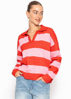 Gestreifter Pullover mit Polokragen - pink-rot