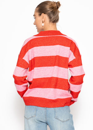 Gestreifter Pullover mit Polokragen - pink-rot